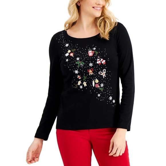 Karen Scott Cotton Graphic Top Deep Black M - Picture 1 of 3